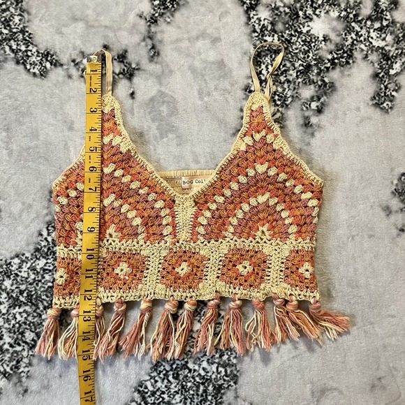 BOG Collective Crochet‎ Crop Tank Top Womens Sz Medium Boho Fringe Colorful - Picture 3 of 6